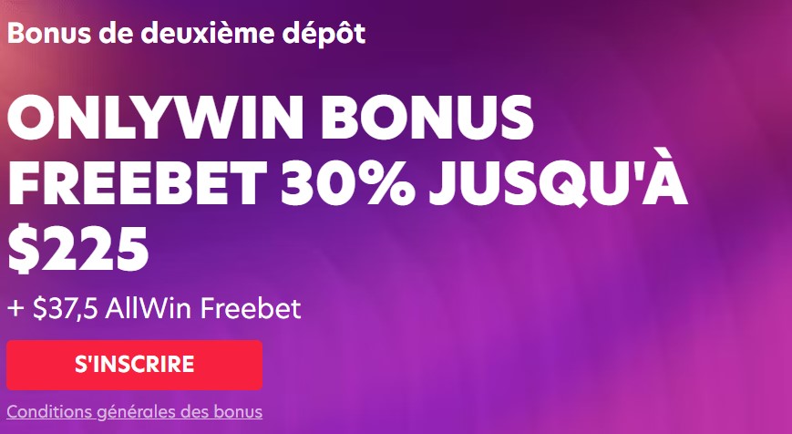 ONLYWIN BONUS FREEBET 30% JUSQU'À $225