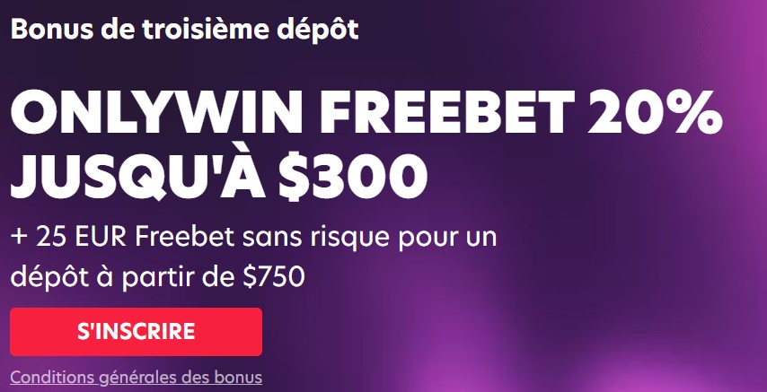 ONLYWIN FREEBET 20% JUSQU'À $300